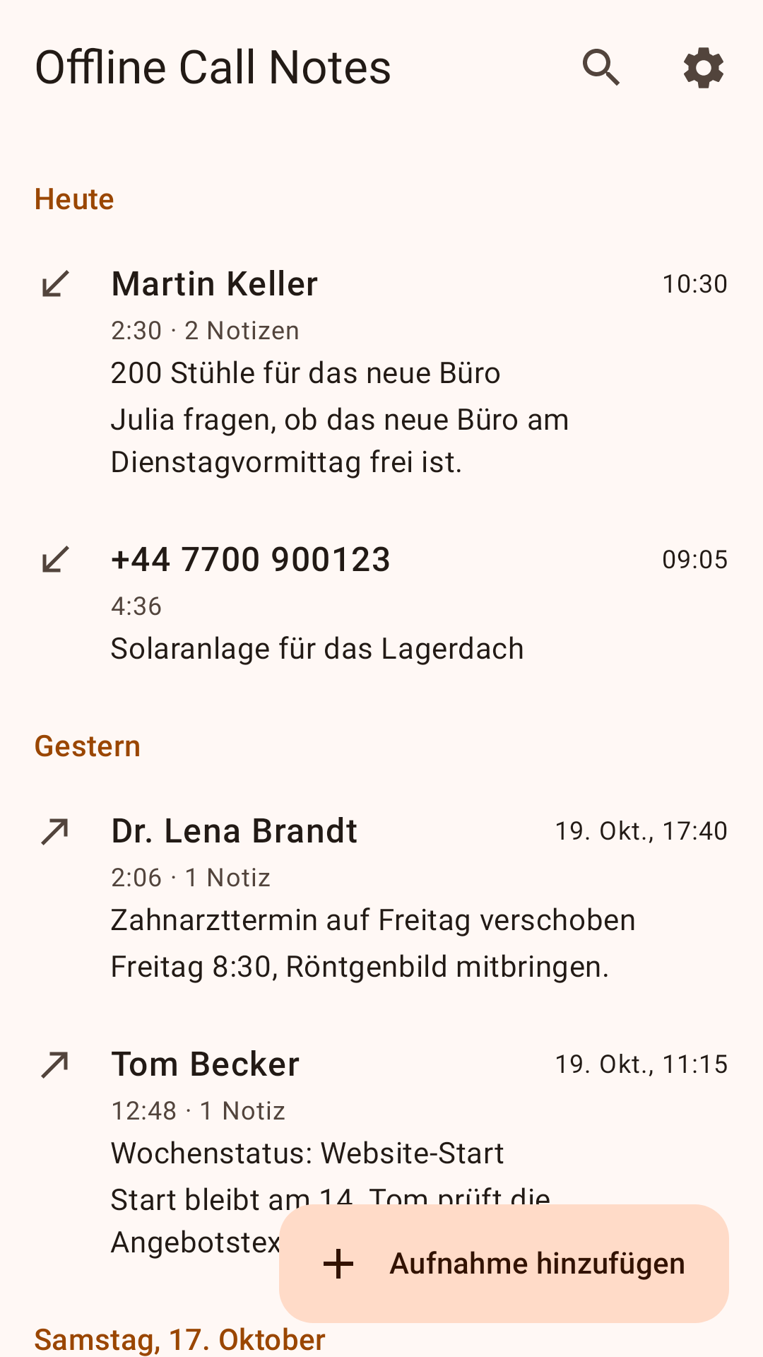 Bildschirmfoto der App Offline Call Notes: Liste aller erkannten Anrufe mit Notizen und Tags