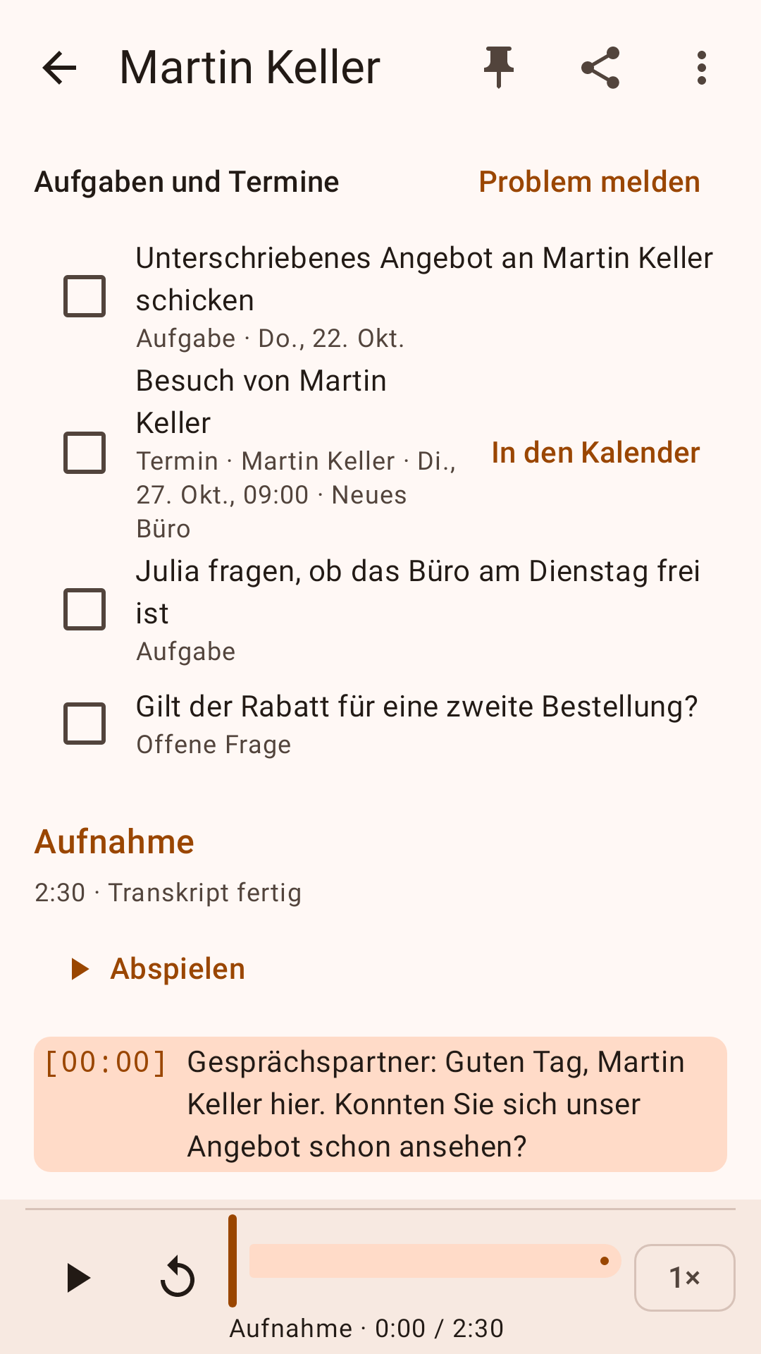 Bildschirmfoto: erkannte Aufgaben aus dem Anruf, bereit zur Übergabe an die Aufgaben-App