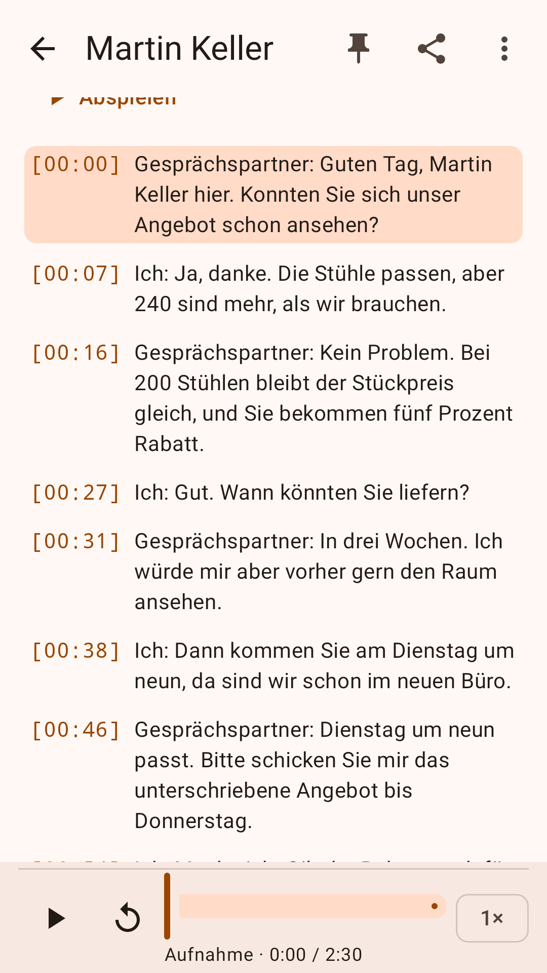 Bildschirmfoto: Transkript mit Zeitmarken; eine Zeile antippen, um die Stelle zu hören